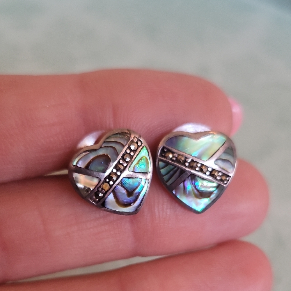 Silver Heart Earrings with Abalone Inlay